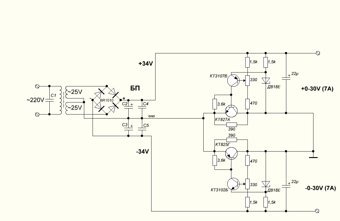 Схема двухполярного блока питания на 15 вольт